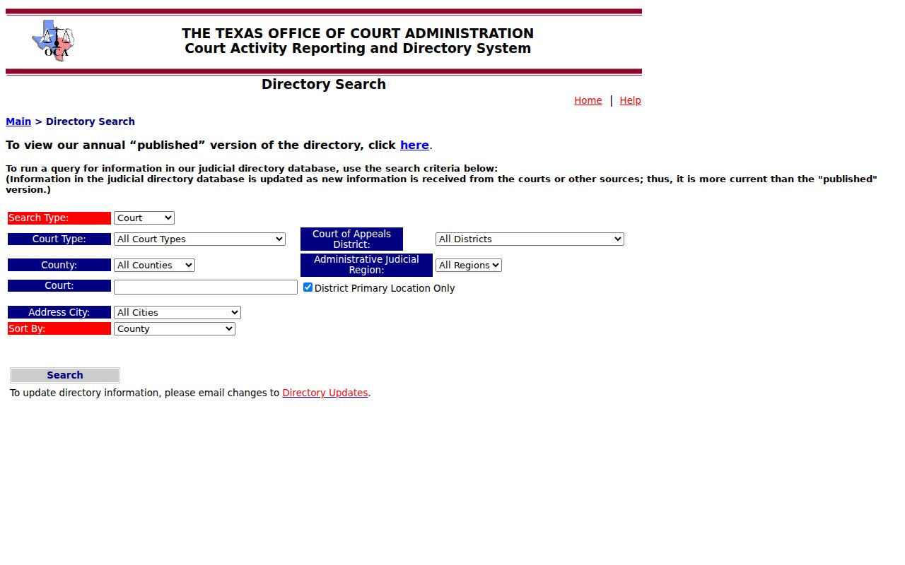 Texas OCA directory search used to identify Glasscock County courts