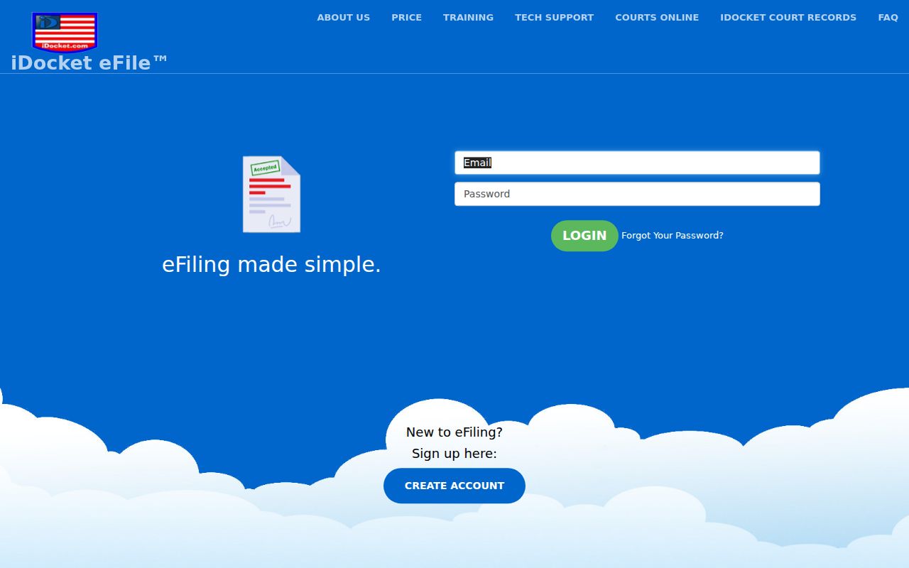 iDocket electronic filing login and account creation interface