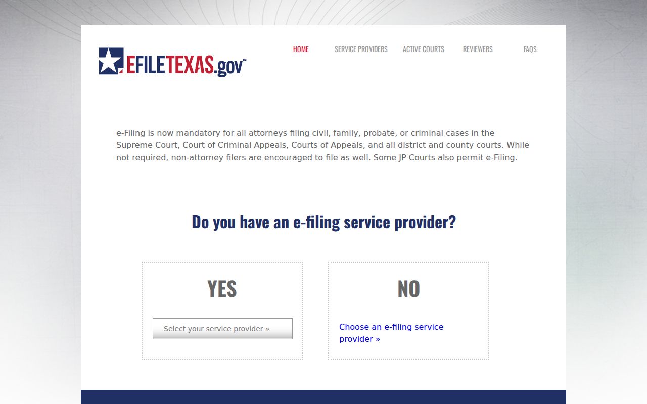 eFileTexas statewide electronic filing page and service provider navigation