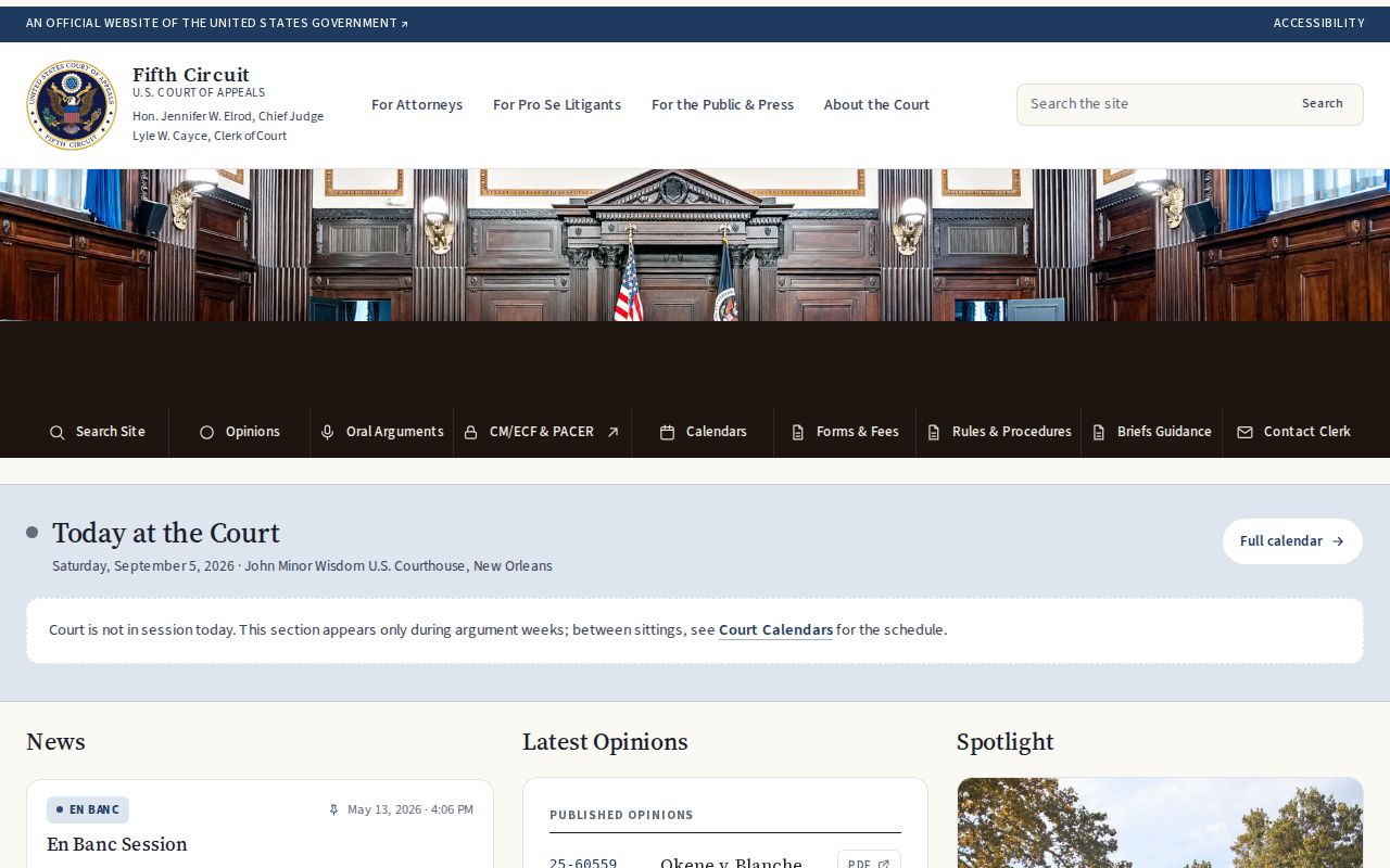 Fifth Circuit public case and calendar page