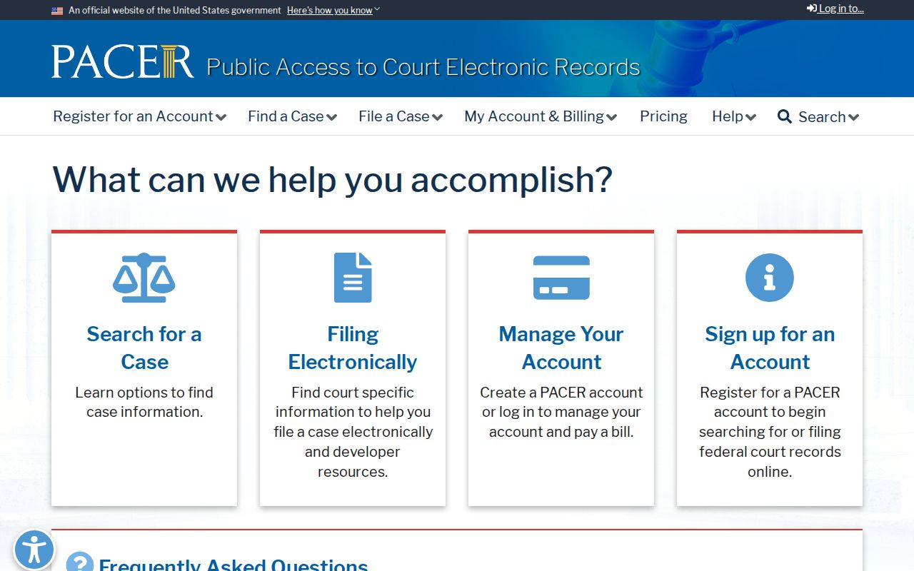 PACER federal court search page